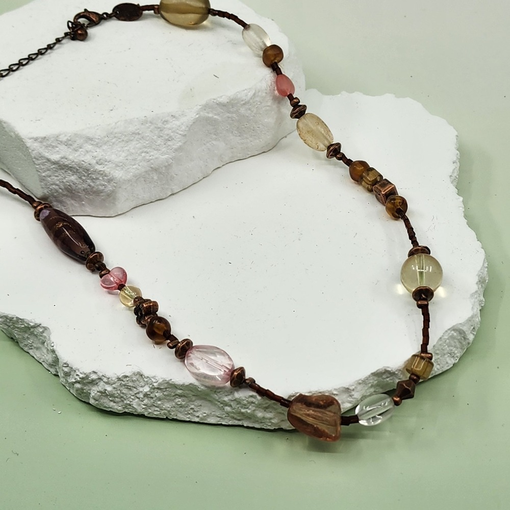Lia Sophia Pink Amber Clear Glass Bead Copper Tone Long Boho Station Necklace